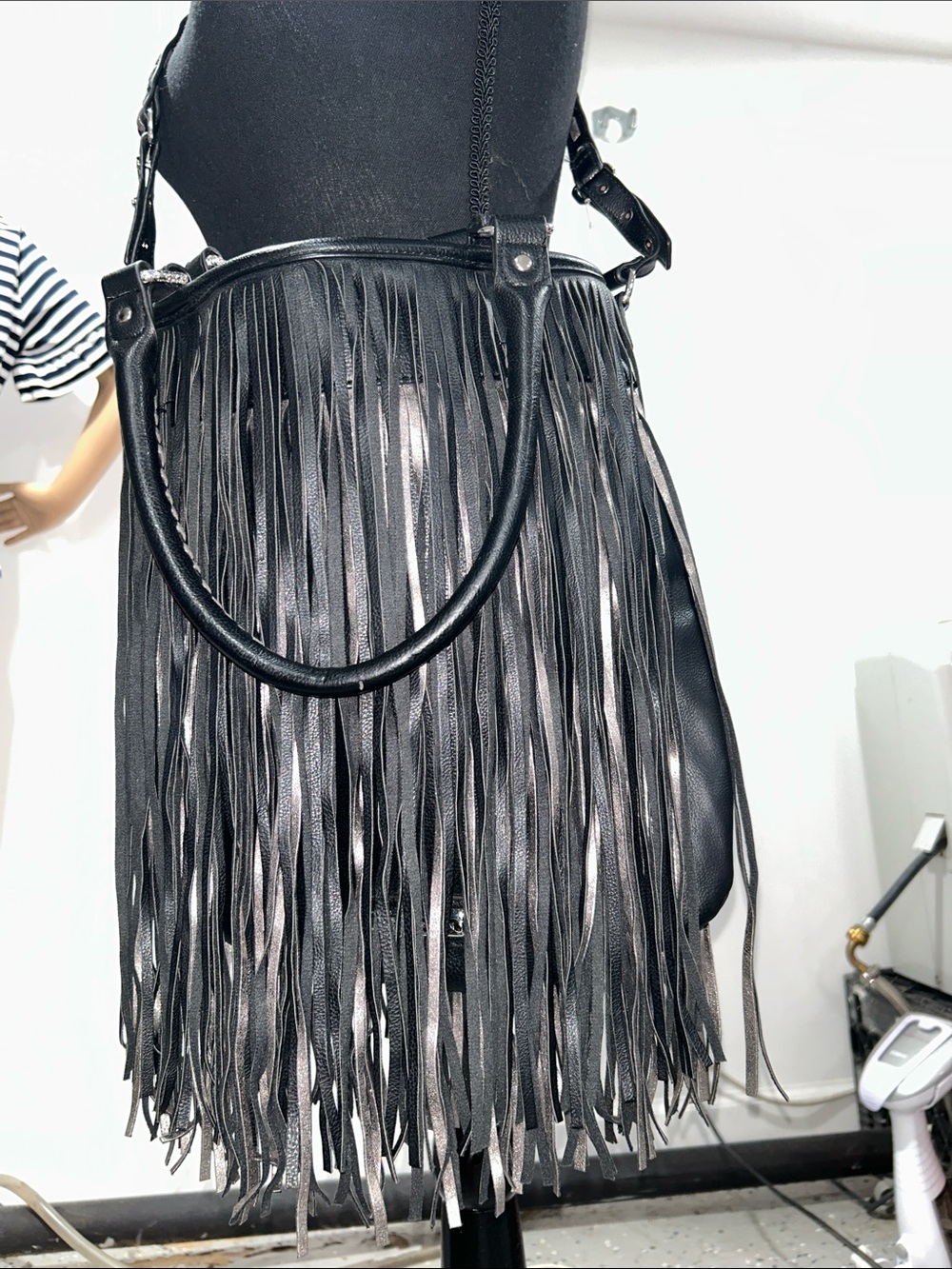 Steve Madden Black Fringe Faux- Leather Tote Bag - Classic Chic